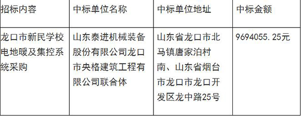 龍口市新民學校電地暖及集控系統采購項目中標公告